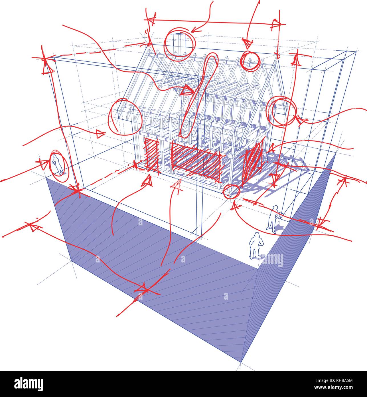 3d illustrazione del diagramma di un quadro la costruzione di una casa unifamiliare con 3D dimensioni e disegnata a mano schizzi e note su di esso Illustrazione Vettoriale