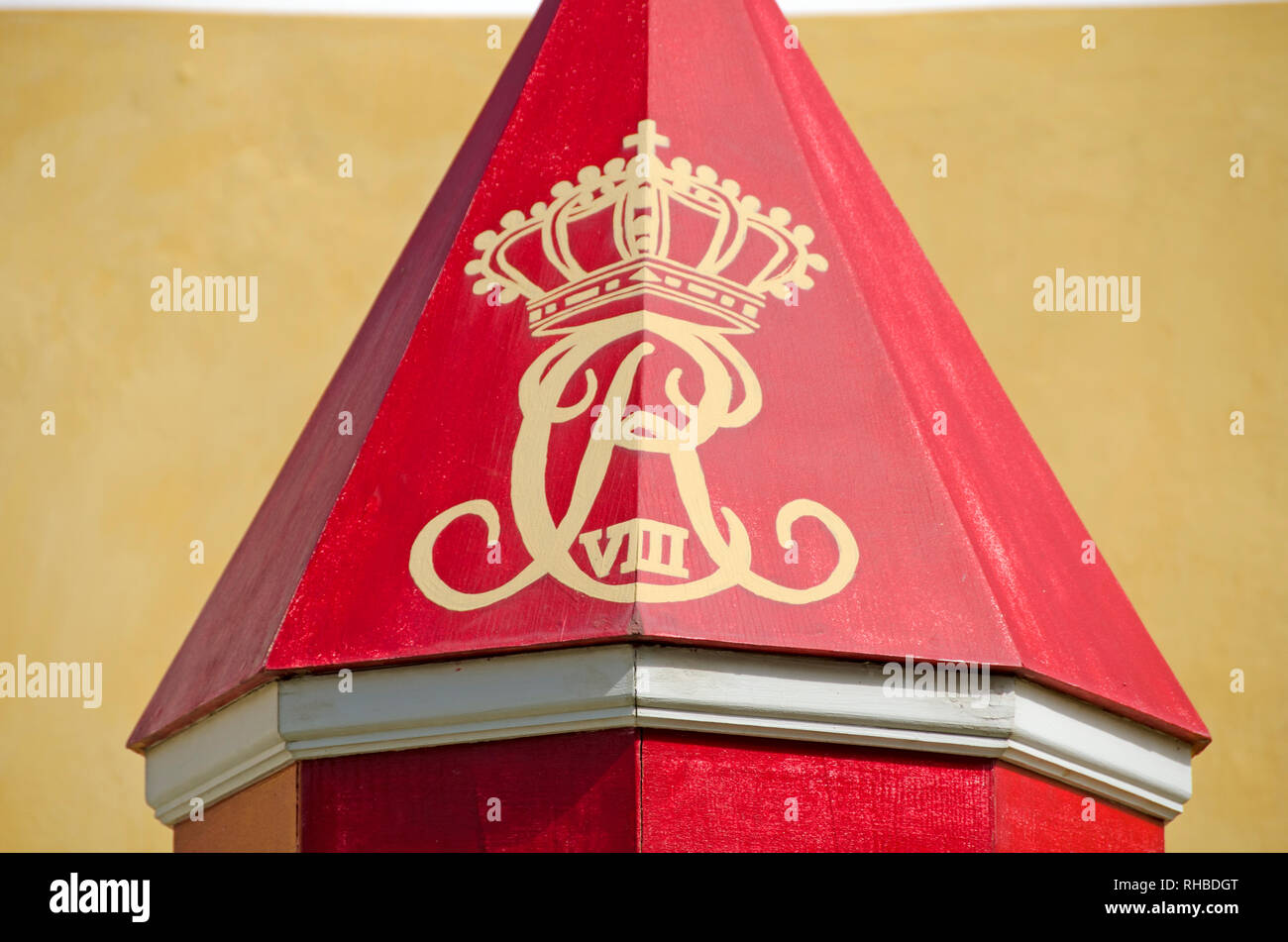Decorate in rosso scatola senty (post) a Fort Christiansvaern, Christrianted Pietra Miliare Storica Nazionale, Saint Croix, U.S. Isole vergini Foto Stock