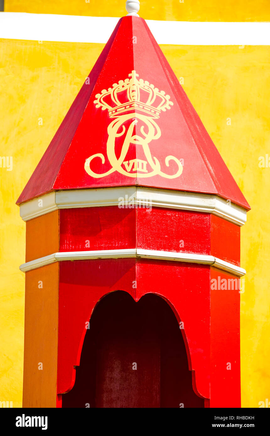 Decorate in rosso scatola senty (post) a Fort Christiansvaern, Christrianted Pietra Miliare Storica Nazionale, Saint Croix, U.S. Isole vergini Foto Stock