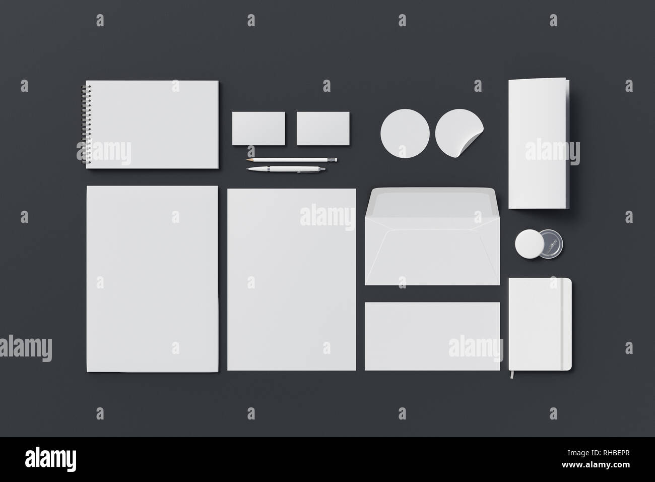 Corporate identity. Branding stazionario impostato mock up su sfondo nero. 3d illustrazione Foto Stock