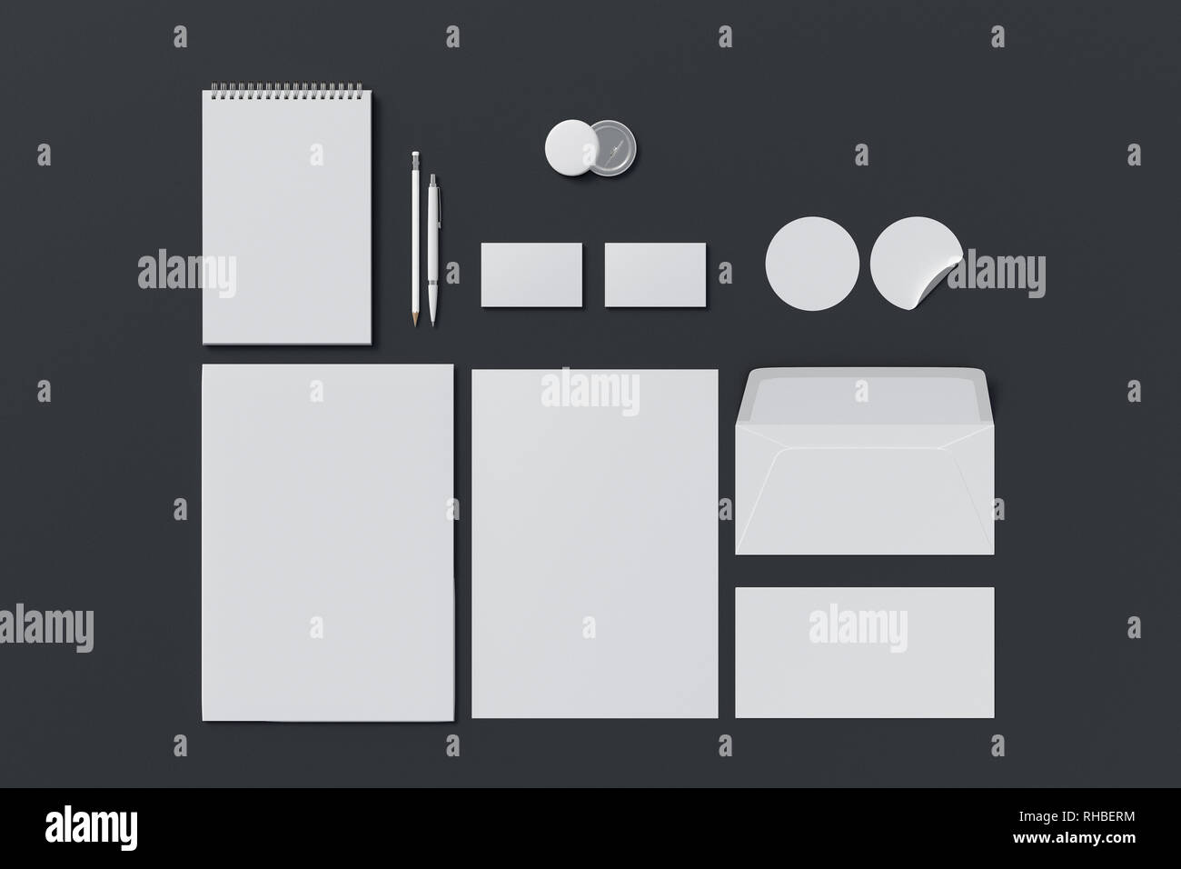 Corporate identity. Branding stazionario impostato mock up su sfondo nero. 3d illustrazione Foto Stock