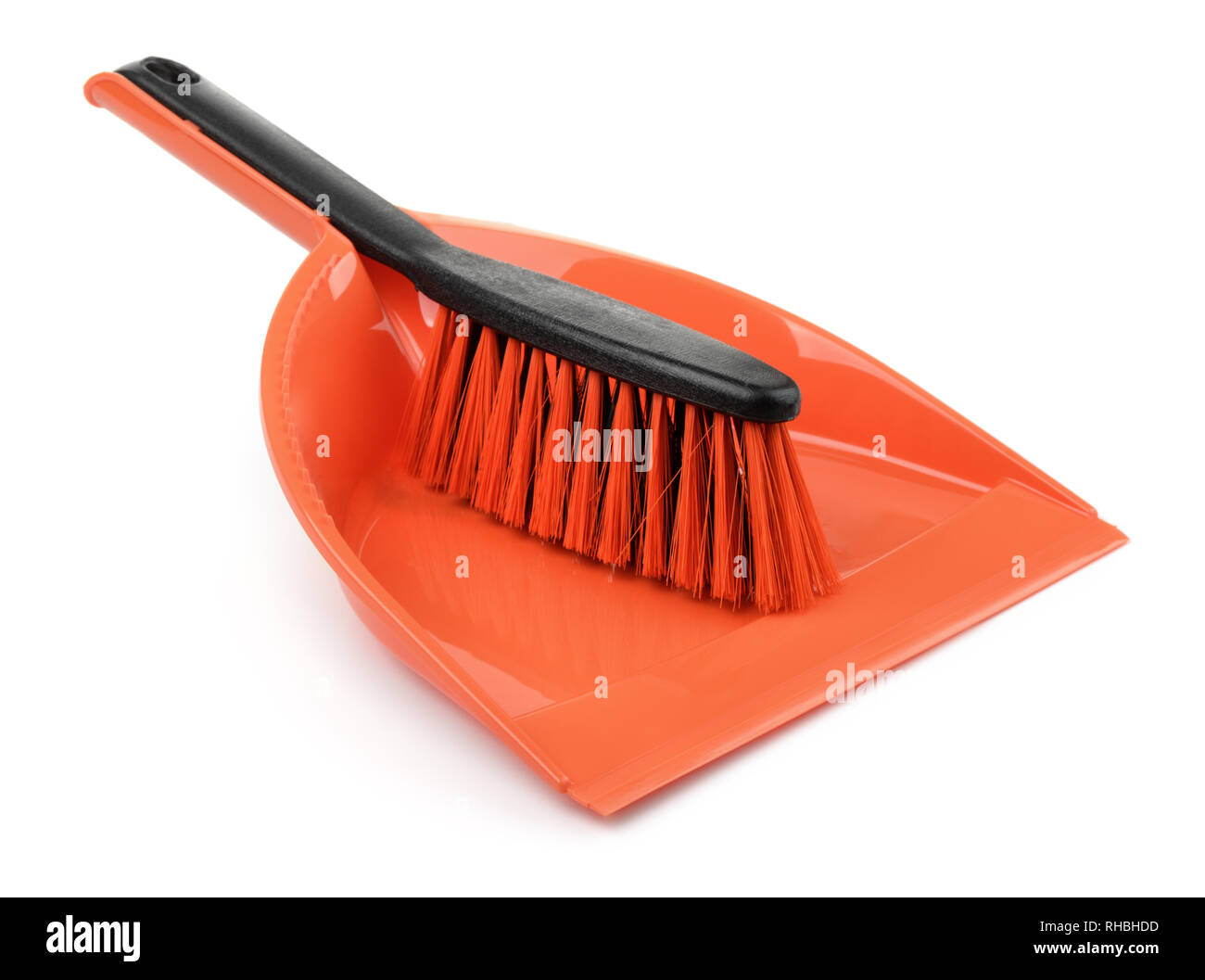 Rosso in plastica Paletta e spazzola isolato su bianco Foto Stock