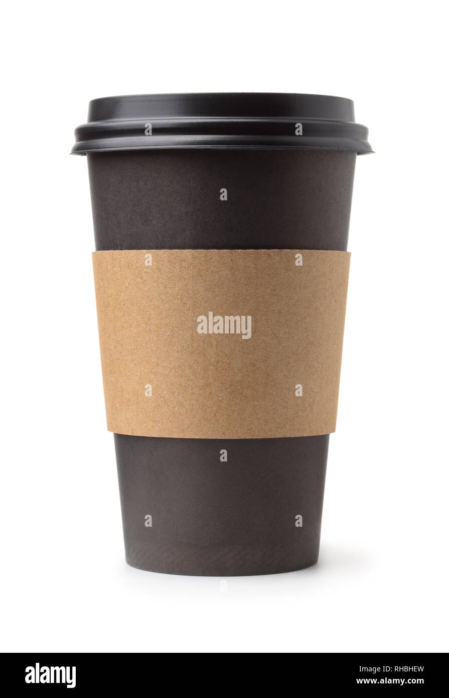 Vista frontale del black take away tazza di caffè isolato su bianco Foto Stock