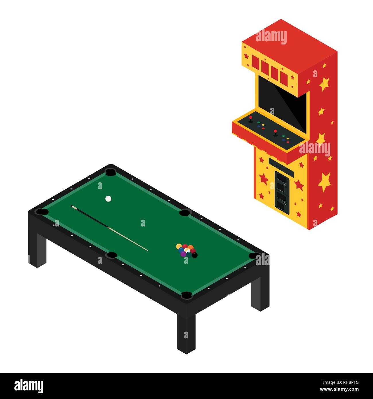 Sala gioco concetto. Arcade Game macchina piscina e tavolo da biliardo isolato su bianco. Vista isometrica Illustrazione Vettoriale