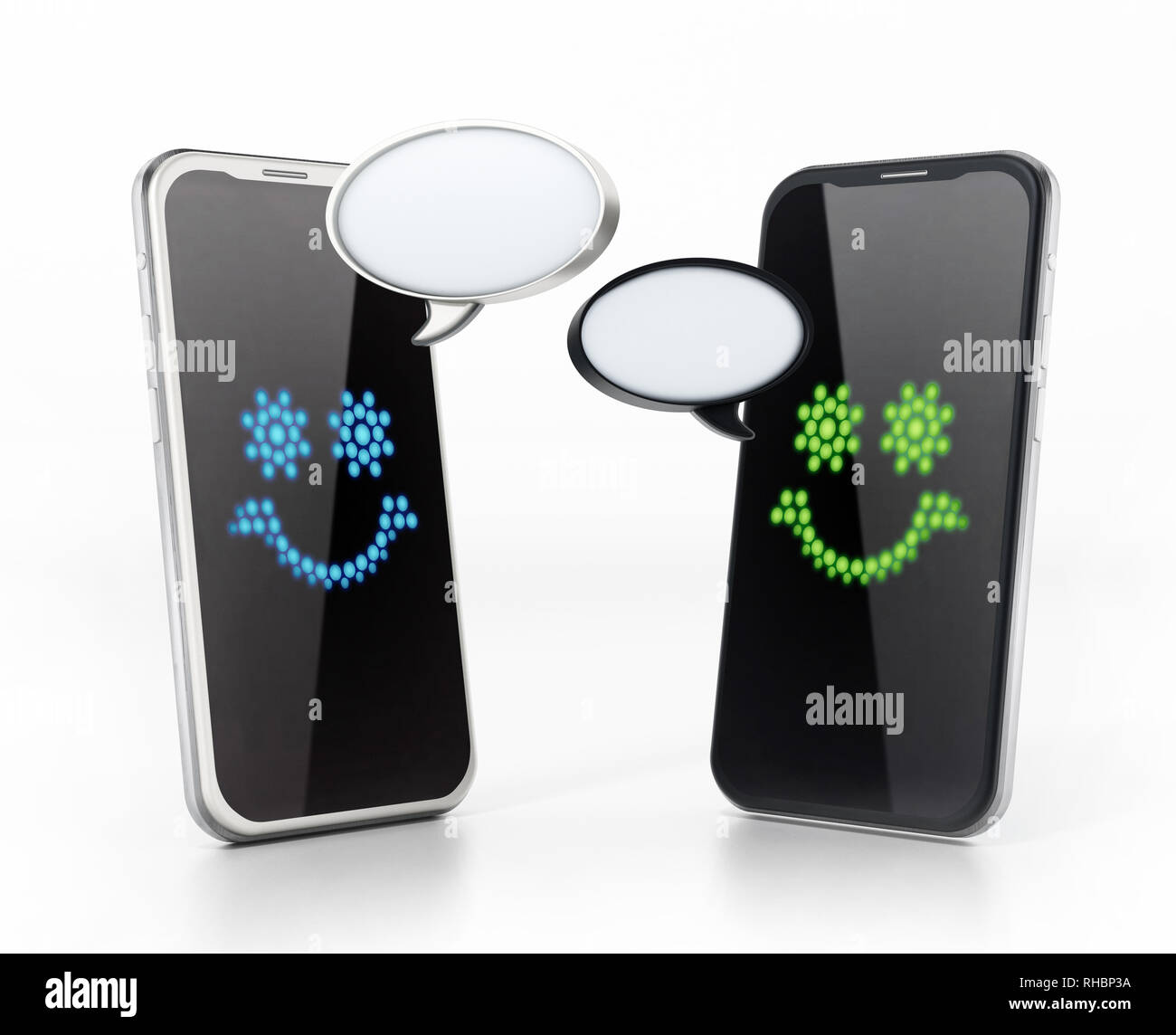 Comunica gli smartphone ogni altra con vuoto discorso palloncini. 3D'illustrazione. Foto Stock