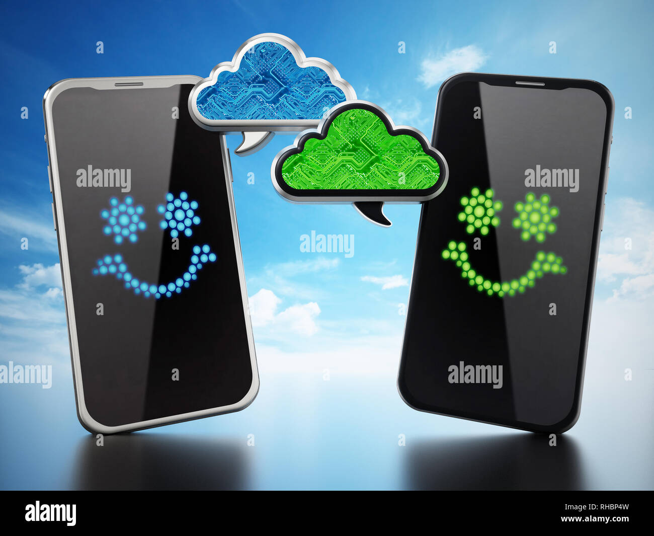 Smartphone con cloud discorso a forma di palloncini. 3D'illustrazione. Foto Stock