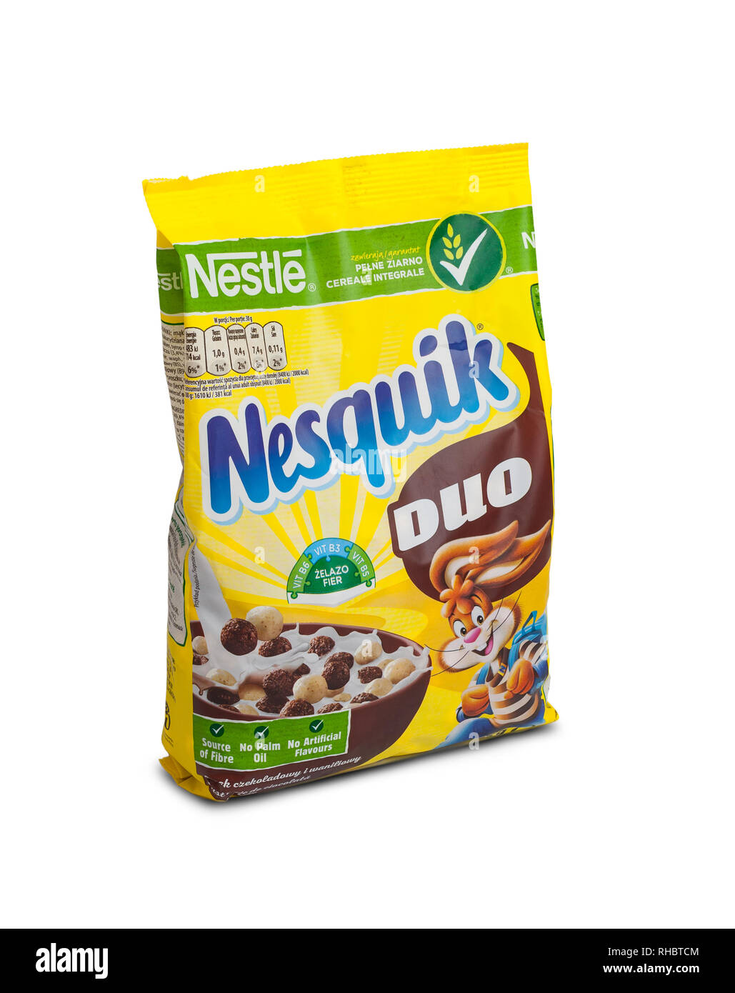 CHISINAU in Moldova - Febbraio 2, 2019: Nestle Nesquik colazione a base di cereali per la prima colazione. Isolato su sfondo bianco Foto Stock