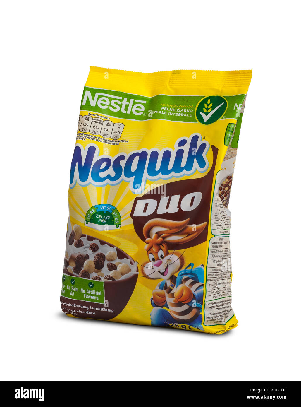 CHISINAU in Moldova - Febbraio 2, 2019: Nestle Nesquik colazione a base di cereali per la prima colazione. Isolato su sfondo bianco Foto Stock