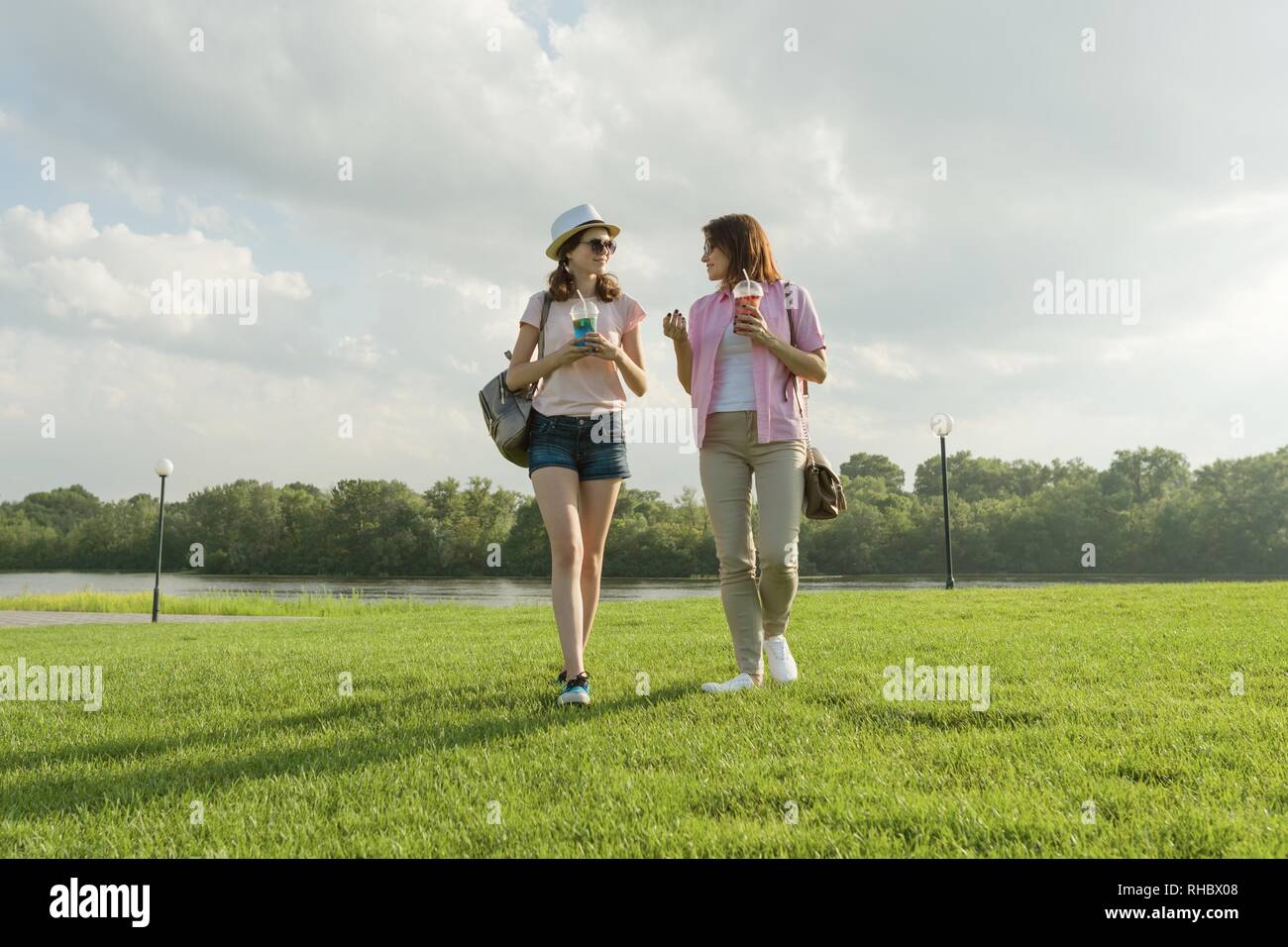 Comunicazione del genitore e figlio adolescente. La madre sta parlando con sua figlia teenager per 14 anni, passeggiate intorno al parco su soleggiate giornate estive. Natura, sky in Foto Stock