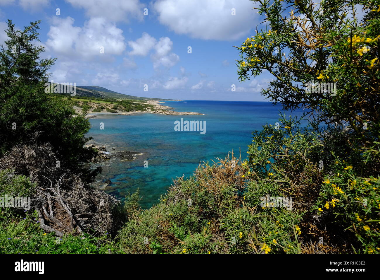 Vista delle spiagge e lagune e su Cipro costa nord, vicino a Bagni di Afrodite, Cipro, Grecia Foto Stock