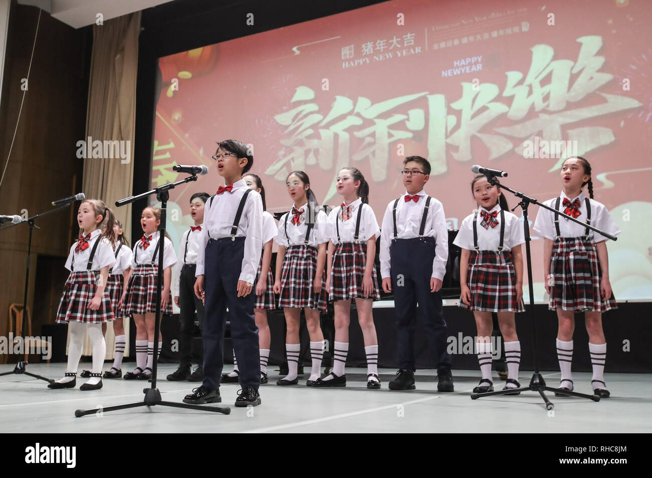 Berlino, Germania. Il 1° febbraio 2019. Giovani cantanti eseguire durante un ricevimento per il prossimo Anno Nuovo Cinese presso l'ambasciata cinese a Berlino, capitale della Germania, il 1 febbraio 2019. Credito: Shan Yuqi/Xinhua/Alamy Live News Foto Stock