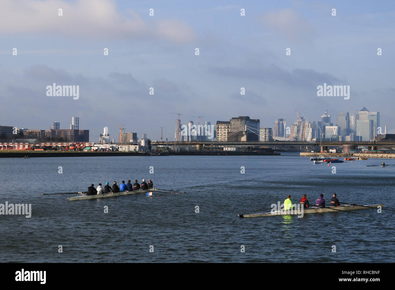 Londra, Regno Unito. 2° febbraio 2019. I rematori su Albert Docks su una luminosa mattina di sole dopo la nevicata e continuando a basse temperature Credito: amer ghazzal/Alamy Live News Foto Stock