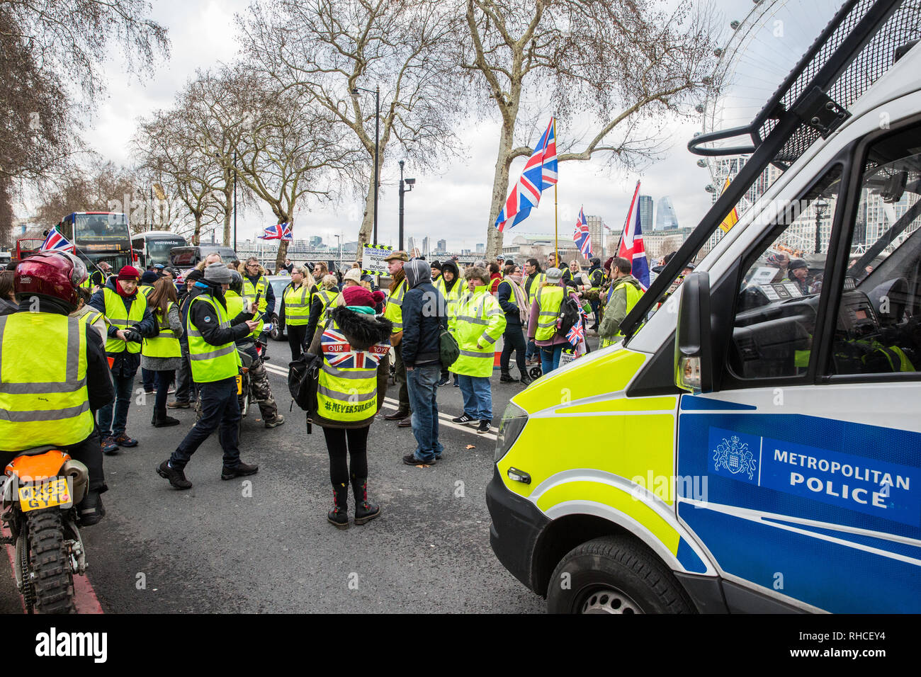 Londra, Regno Unito. 2 febbraio 2019. I sostenitori del Giallo giubbotti di blocco del Regno Unito il Victoria Embankment al di fuori di New Scotland Yard durante una manifestazione di protesta per chiamare per 'il popolo britannico per essere messo in primo luogo', per un 'full Brexit' e di 'fine al governo, corte e banking corruzione". Credito: Mark Kerrison/Alamy Live News Foto Stock