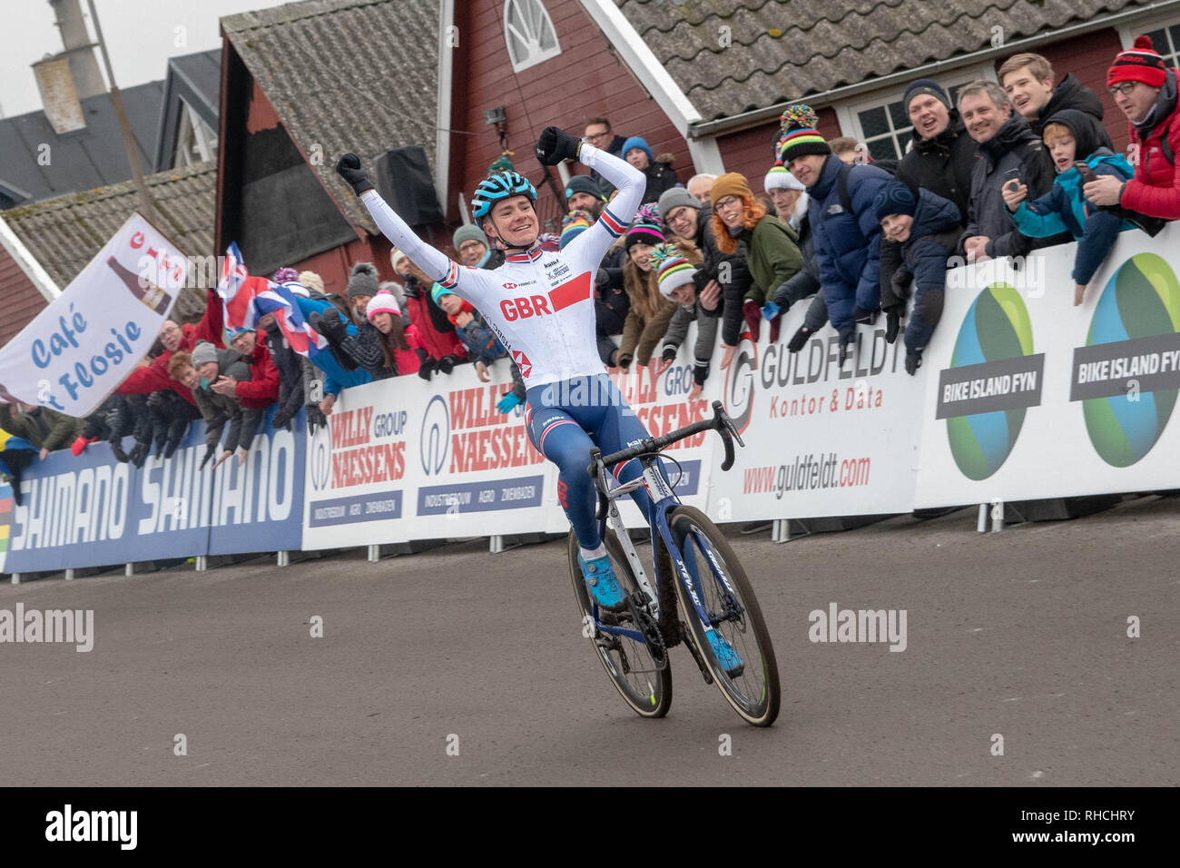 2° febbraio 2019. Bogense, Danimarca Worldchampionships Cyclecross : Ben Tullet difende il suo titolo nella mens junior categoria Credit: arancione foto vof/Alamy Live News Foto Stock