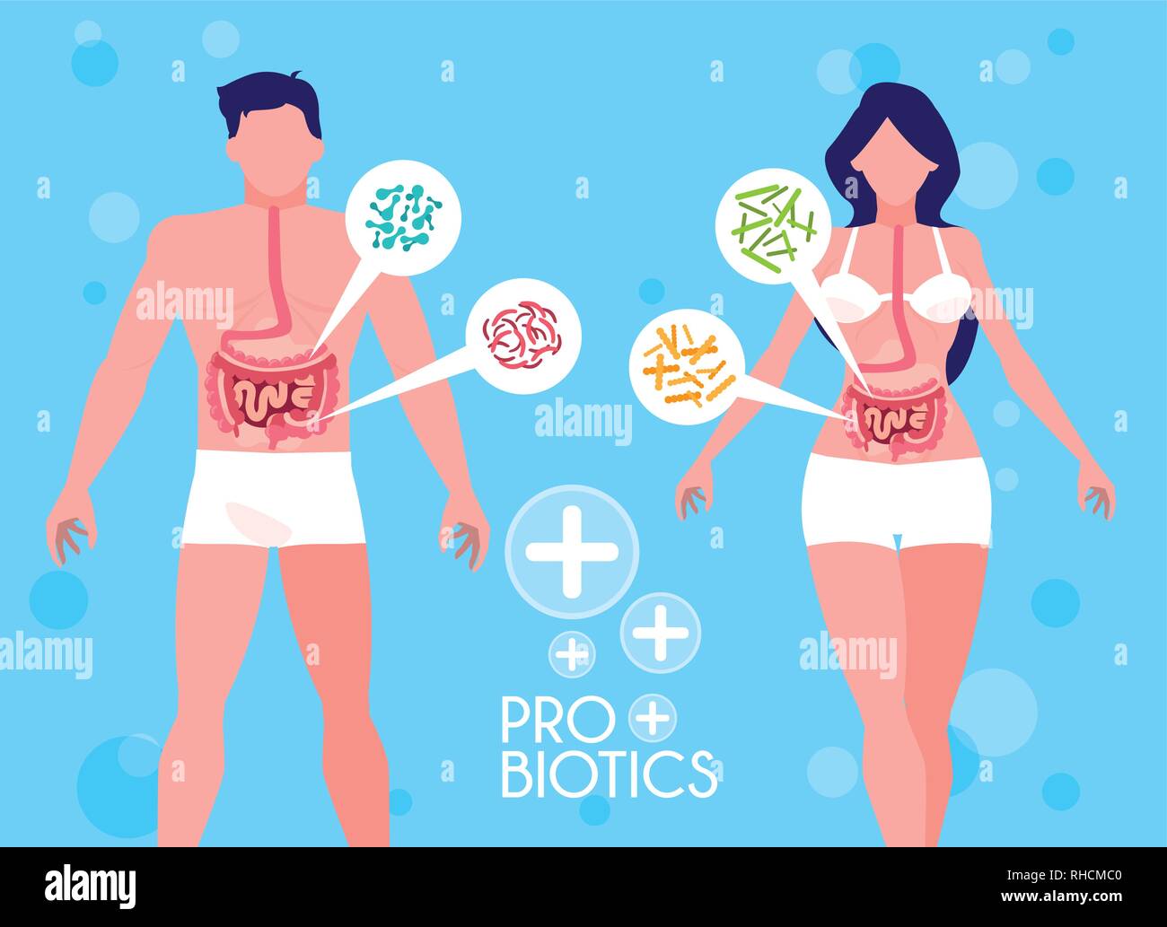 Il corpo di un uomo e di una donna con microrganismi probiotici di illustrazione vettoriale design Illustrazione Vettoriale