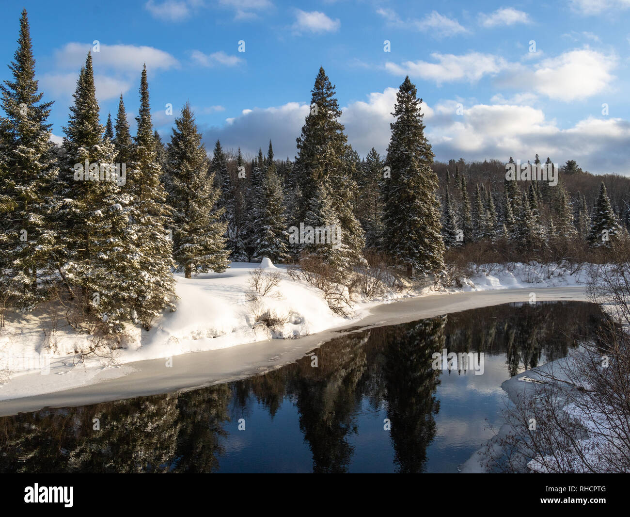 Scena invernale si riflette nel fiume Oxtongue in Algonquin Park Foto Stock