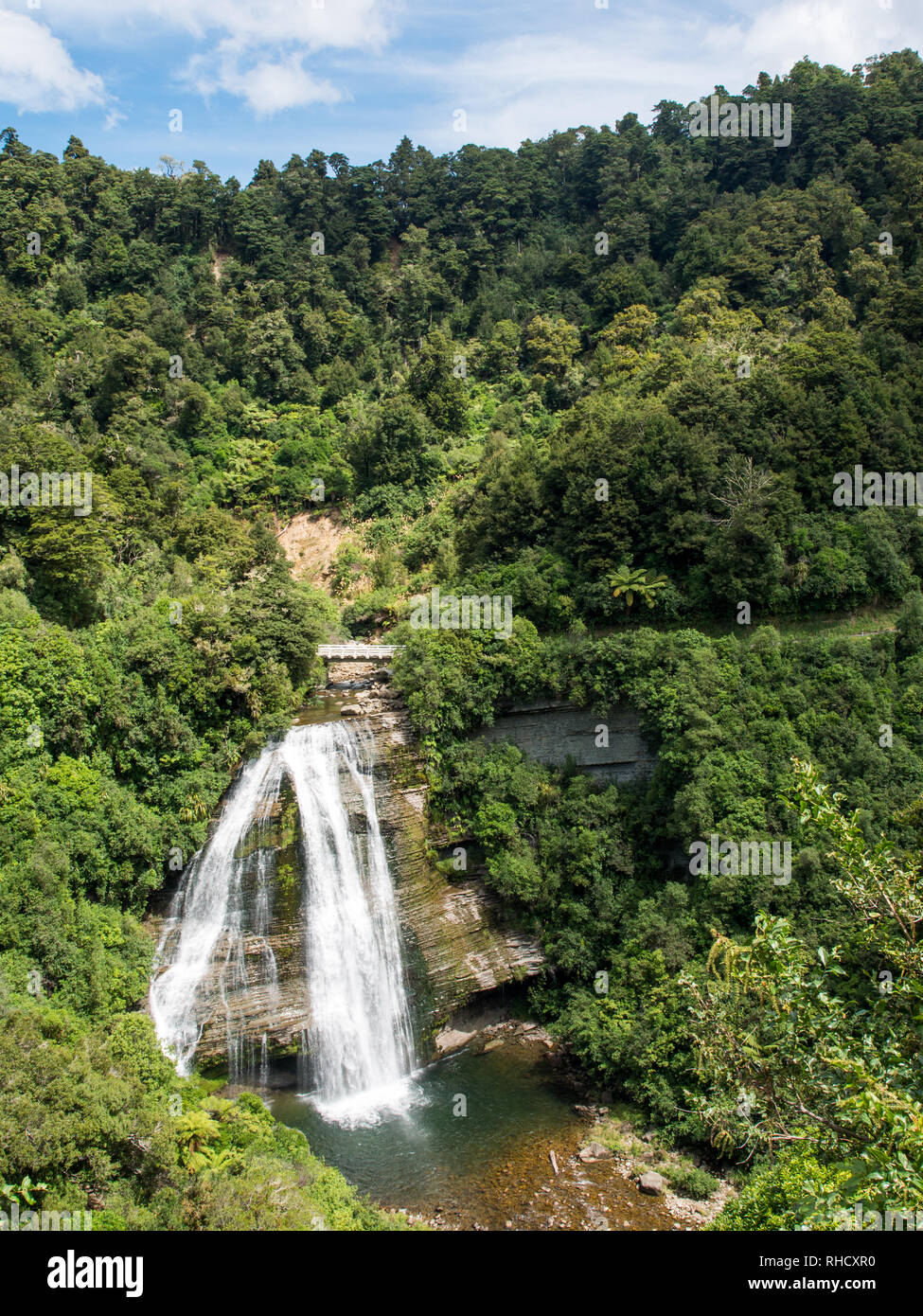 Mokau cade, bush clad hills, Te Urewera National Park, North Island, Nuova Zelanda Foto Stock