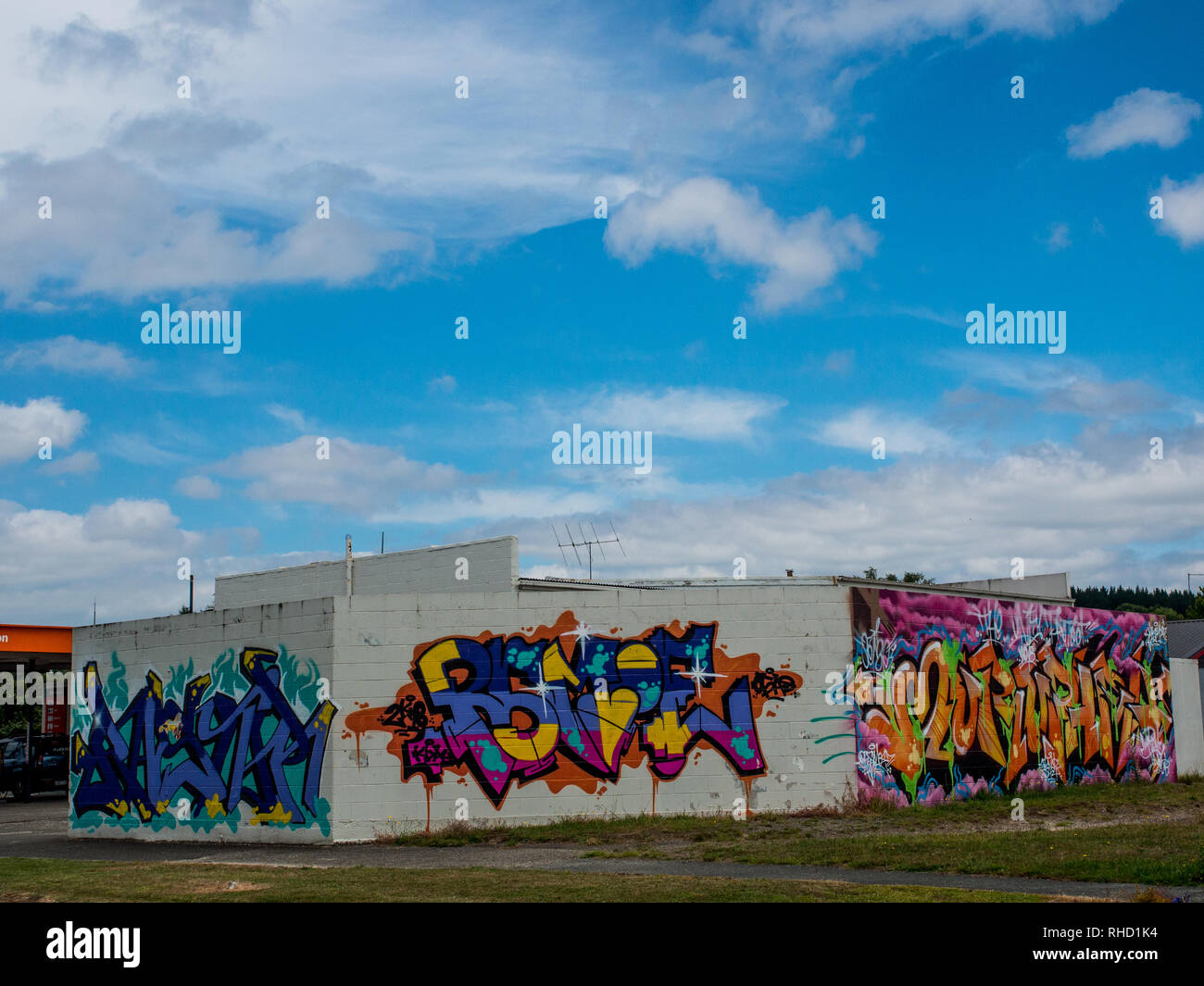 Graffiti, tagging, Arte di strada, cultura giovanile, Murapara, Baia di Planty, Isola del nord, Nuova Zelanda Foto Stock
