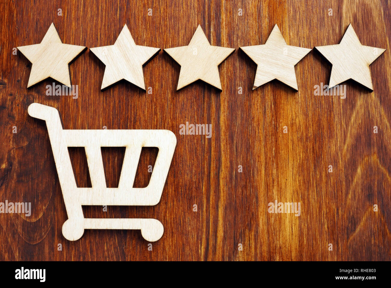 Vendita al dettaglio e acquisto di valutazione e revisione. Carrello e 5 stelle. Foto Stock
