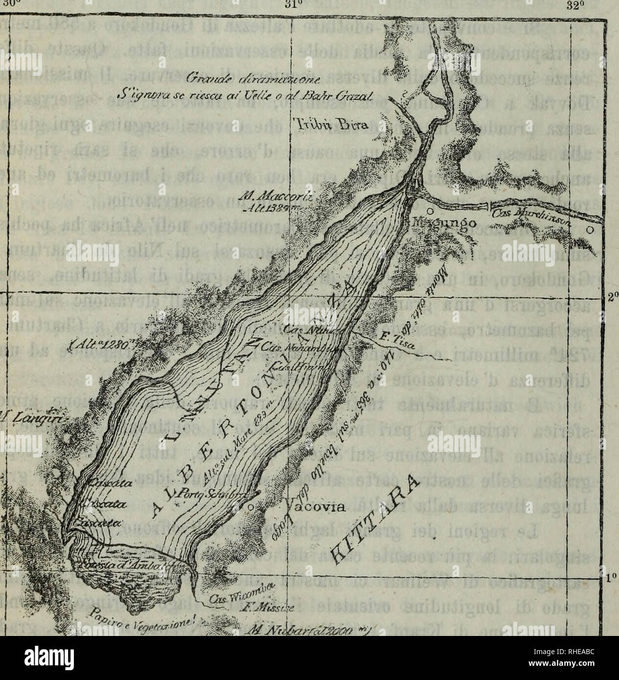 . Bollettino della società Adriatica di Scienze Naturali in Trieste. 522 In verità perÃ² le indicazioni intorno all'Alberto Nyanza si contraddicono a vicenda. Romolo Gessi, il quale pretende di aver fatto il giro completo di qnesto lago per incarico di Gordon Pascha determina tutta la sua lunghezza con 141 e la larghezza da 50 a 60 miglia. Secondo le sue indicazioni la parte meridionale del lago raccliiude onu sega di bosco di Ambatsch, nel quale Ã¨ impossibile di penetrare. Al contrario Stanley nella sua carta originale pone l'Alberto Nyanza provengono la suddetta carta di Weimar ad 1Â° al sud dell'eq Foto Stock