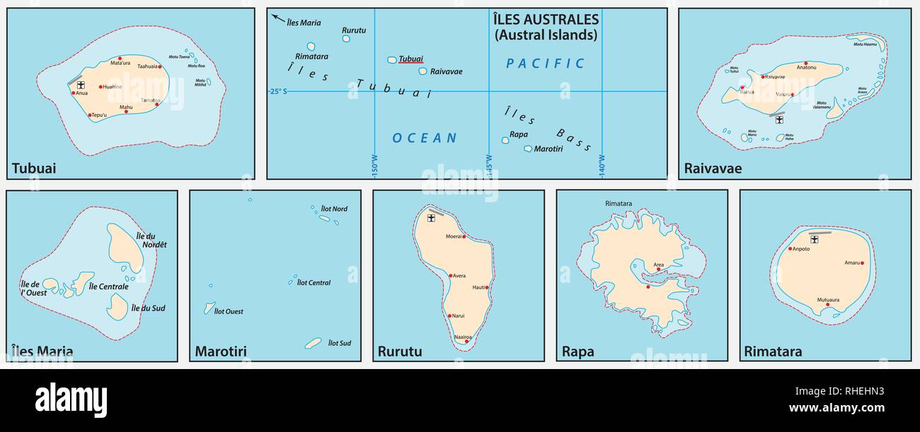Mappa vettoriale dell'Austral isole nell'Oceano Pacifico meridionale, Polinesia francese, Francia Illustrazione Vettoriale