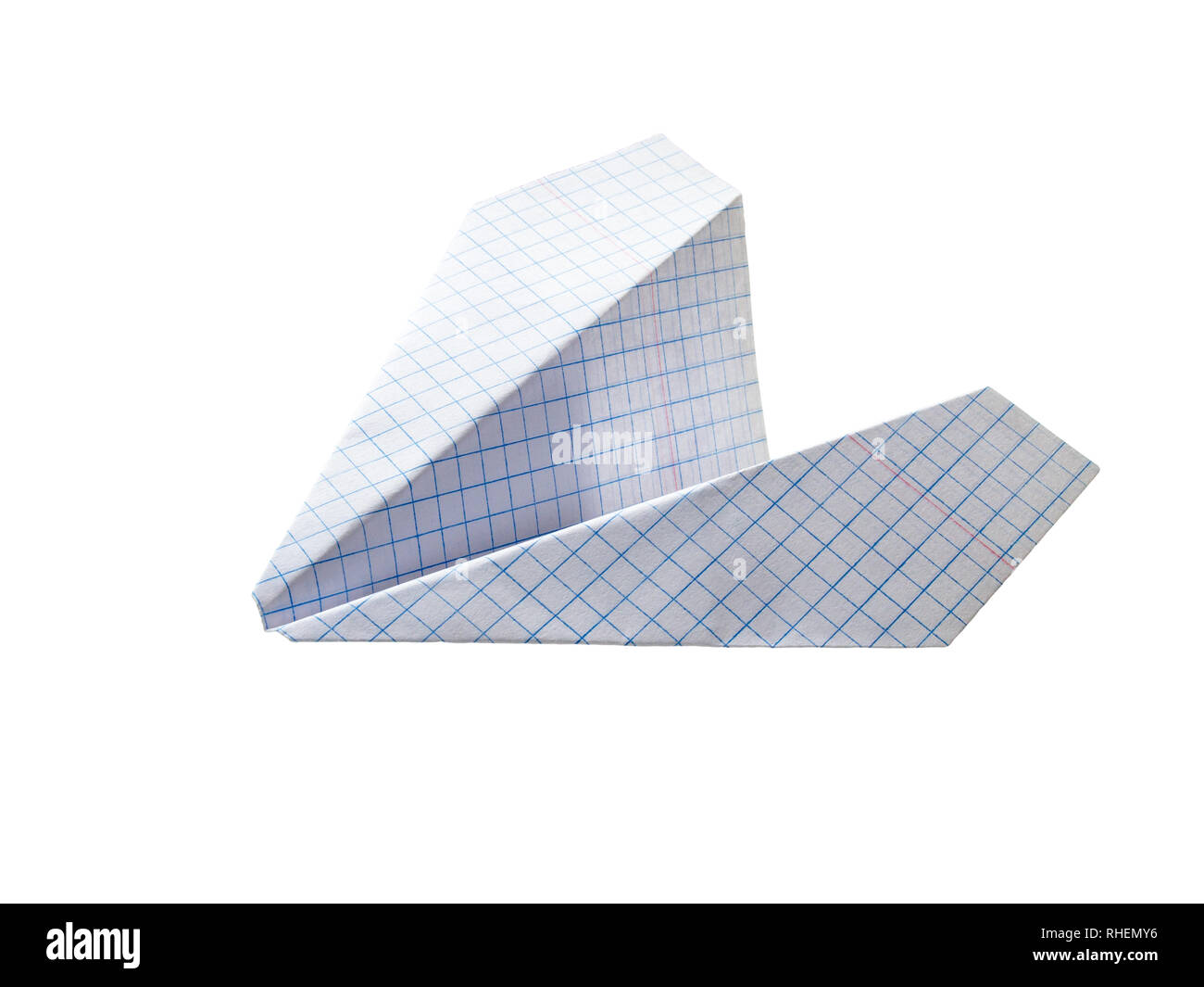 Aeroplano di carta (carta a scacchi) isolato su sfondo bianco Foto Stock