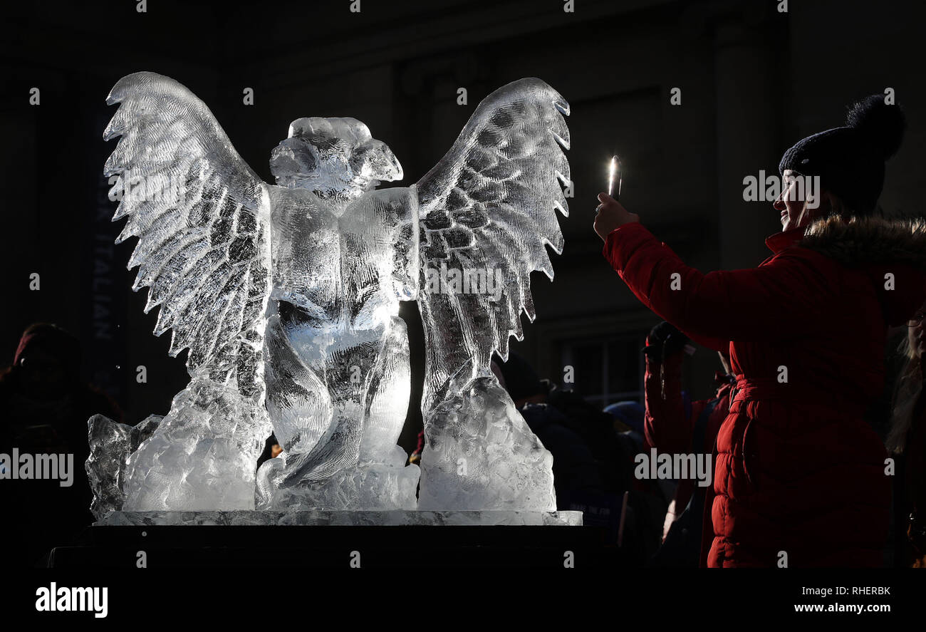 Una donna fotografie di una scultura di ghiaccio di un grifone, parte di York pista di ghiaccio, nello Yorkshire, dopo nevicate di ieri e per tutta la notte dovrebbe portare a un disturbo diffuso. Foto Stock