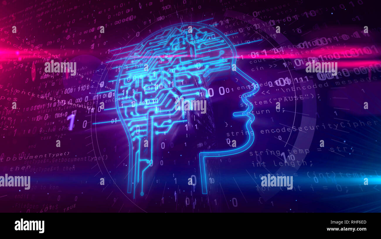 Intelligenza artificiale forma di testa su sfondo digitale. AI e lavoro cervello cibernetico concetto astratto 3D'illustrazione. Foto Stock