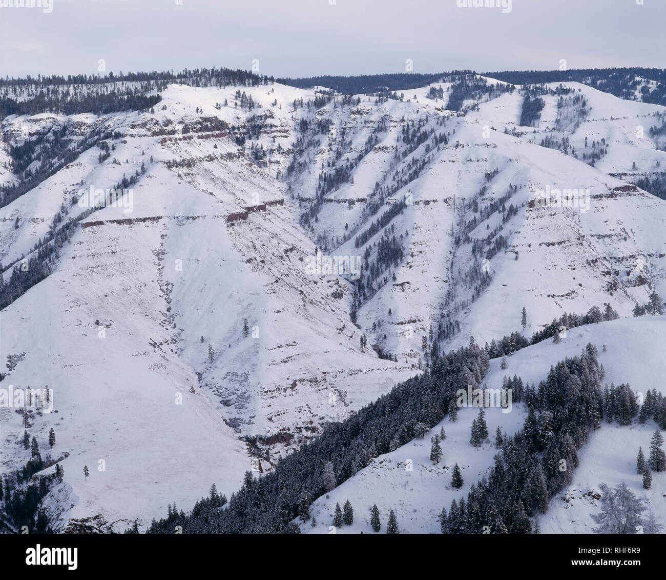 Stati Uniti d'America, Oregon, Wallowa-Whitman National Forest, inverno vista da Giuseppe Canyon Overlook verso la coperta di neve Giuseppe Canyon. Foto Stock