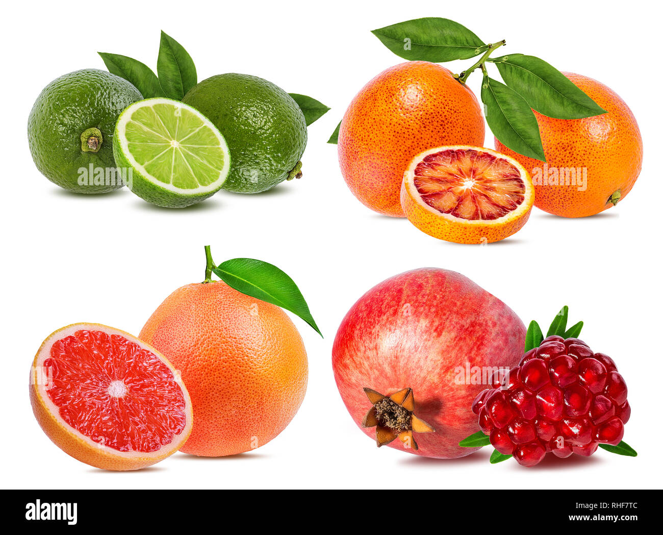 Agrumi impostare arancione, pompelmo, calce, melograno isolati su sfondo bianco. Foto Stock