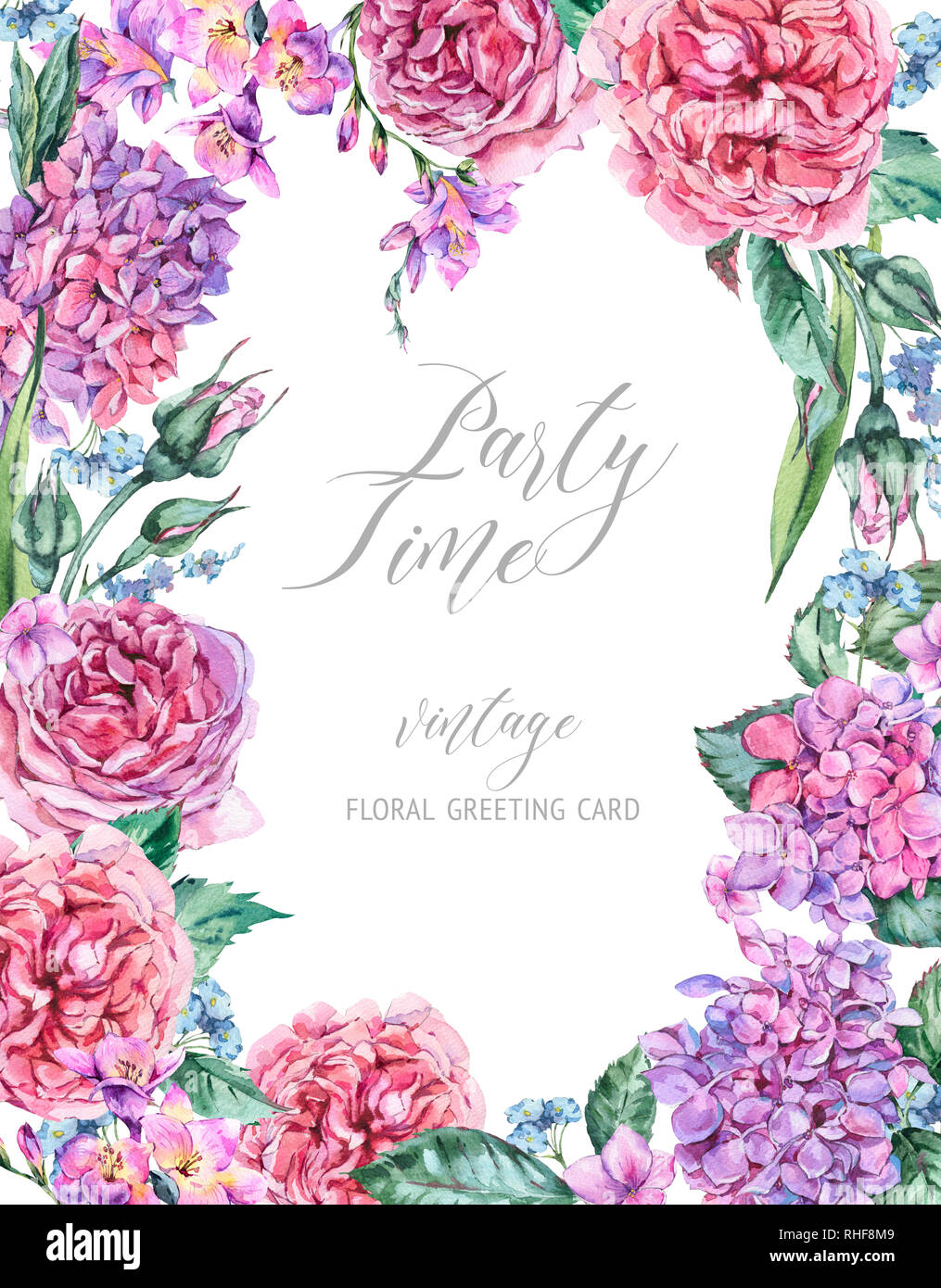 Estate Acquerello Vintage Cornice Floreale Fioritura Di Ortensie Fresia Rose E Fiori Da Giardino Biglietto Di Auguri Acquerello Botanico Illustrazione Naturale E Foto Stock Alamy