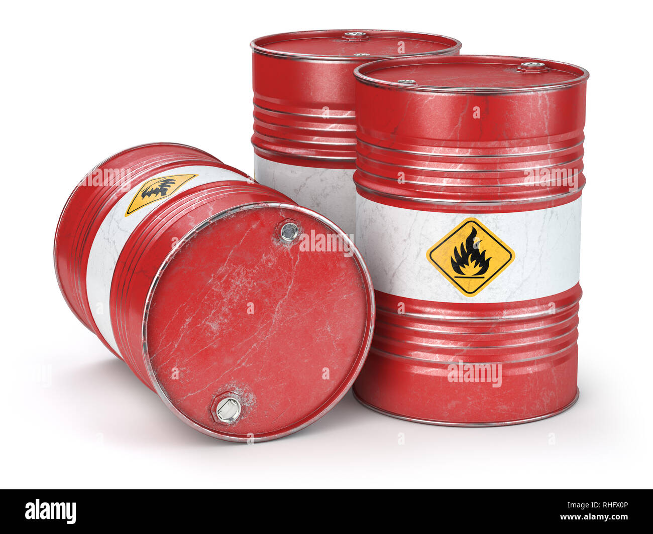 Metallo rosso barili di olio isolati su sfondo bianco. Il petrolio, il gas e il petrolio industria e produzione. 3d illustrazione Foto Stock