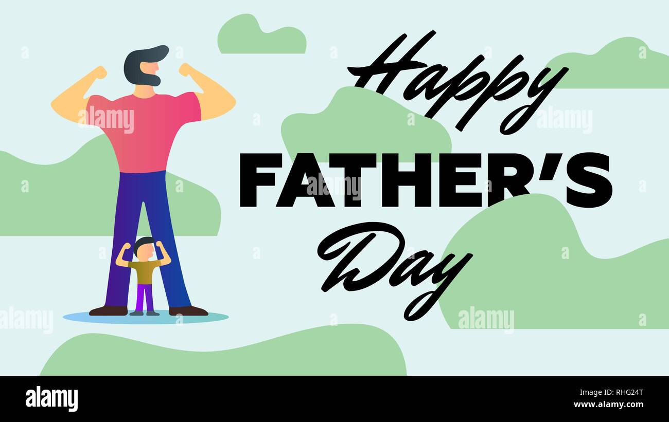 Padre Felice giorno Vacanza Forte papà figlio mostrano i bracci dei muscoli bicipite stand sfondo cachi illustrazione vettoriale scheda di progettazione Illustrazione Vettoriale