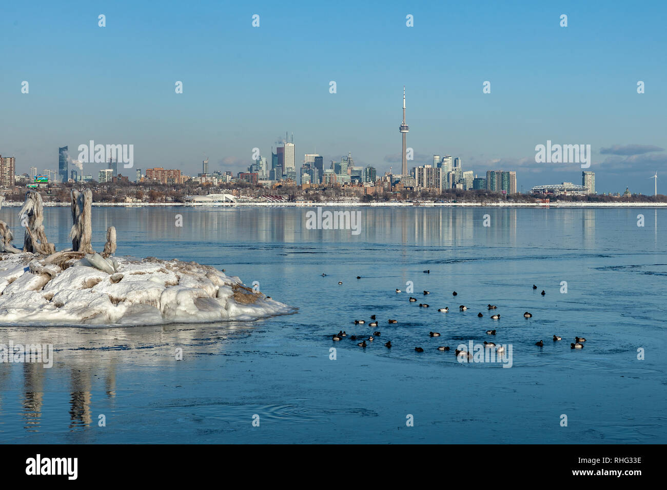 Panoramica invernale canadese paesaggio vicino a Toronto, bella congelato il lago Ontario al tramonto. Paesaggio di inverno alberi, acqua e cielo blu. Foto Stock