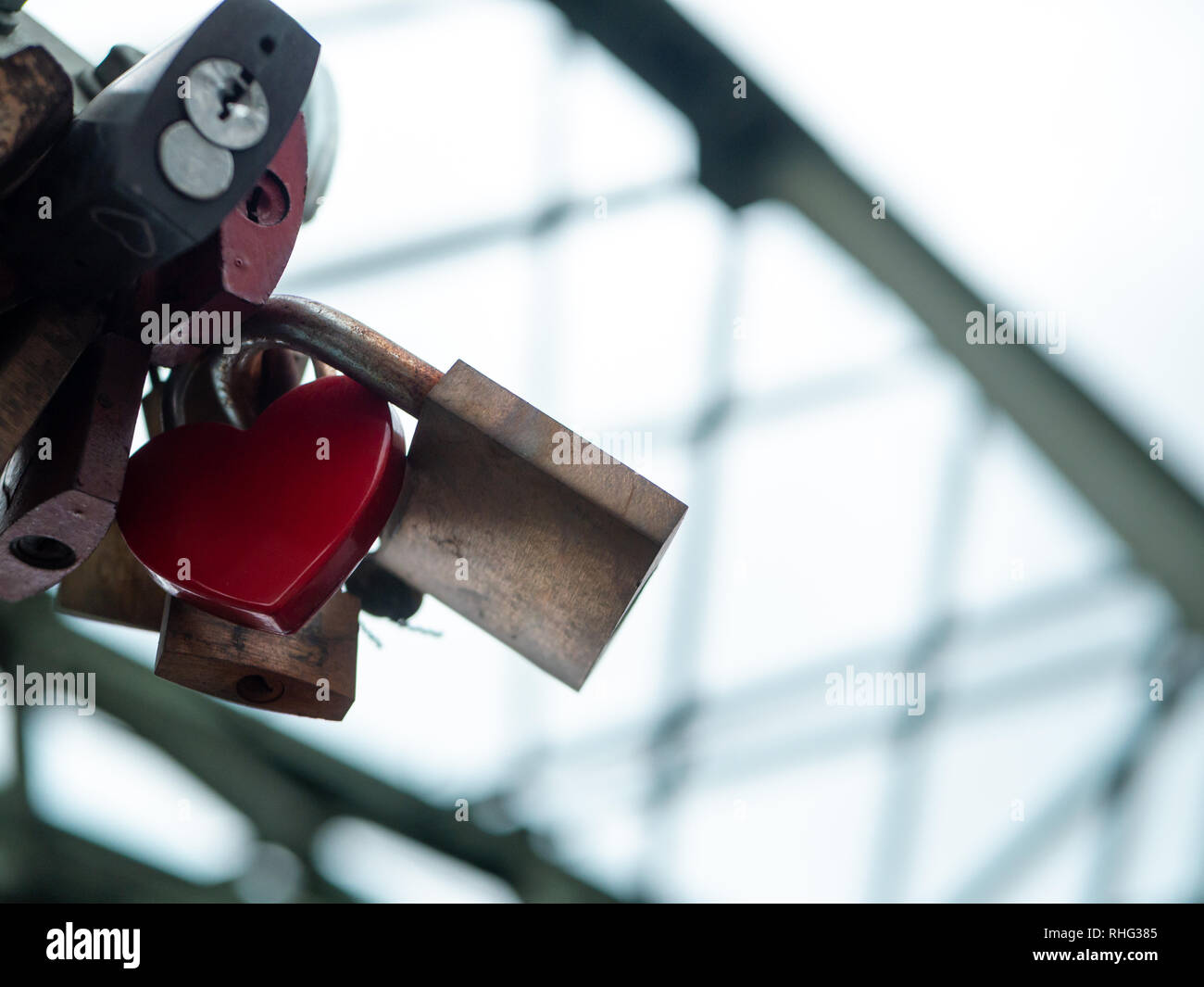 Amore serrature, posto dalle coppie come simbolo per la loro loce, al ponte di Hohenzollern a Colonia, Germania Foto Stock