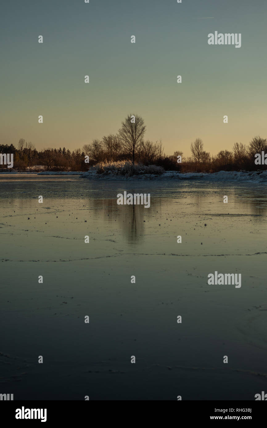 Panoramica invernale canadese paesaggio vicino a Toronto, bella congelato il lago Ontario al tramonto. Paesaggio di inverno alberi, acqua e cielo blu. Foto Stock