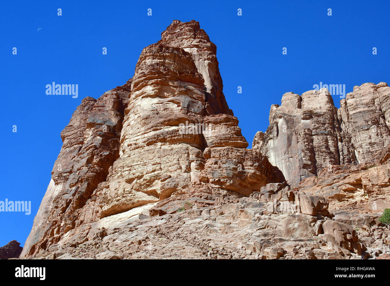 Le formazioni rocciose di Lawrence della primavera nel deserto a Wadi Rum. L'area protetta elencati come patrimonio mondiale dall' UNESCO, Giordania Foto Stock