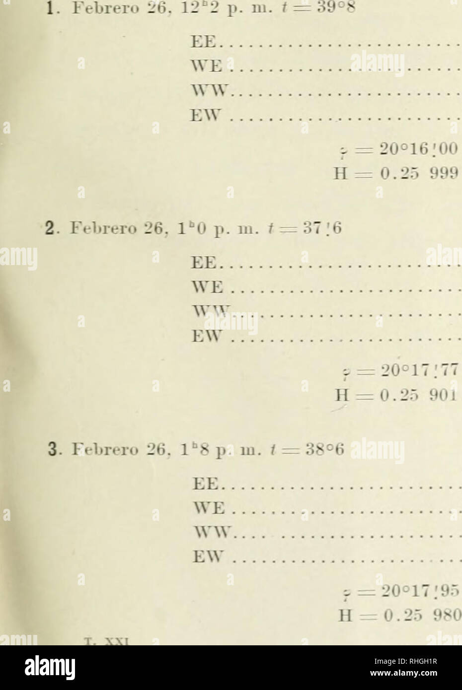 . BoletÃ-n. La scienza. o. DOEKING : OBSERVACIONES MAGNÃTICAS. 1905 409 8. CHA.JA^' ;. = -f l^lO".")!?! = 64°58'32" ^ = 33Â°33'53" H = SlG^-è Llegue en la tarde del L'Ã³ de Ã-'e1)rei(t poniendo mi eaiiiptiuiento a 150*" de las Casas Ãºltimas que se encuentran al sur de la estaciÃ³n. Hice una serie de observaciones (lela declinaciÃ³n que siento no poder utilizar, pu' s el cielo densamente nublado no me permitiÃ³ determinar el azimut de la mira. TampÂ"Â"co i)odÃ-un prolongar mi estadÃ-a, pues tuve ([ue volver con el tren de combinaciÃ³n del l'T de febrero un CÃ³rdoba. Es po Foto Stock