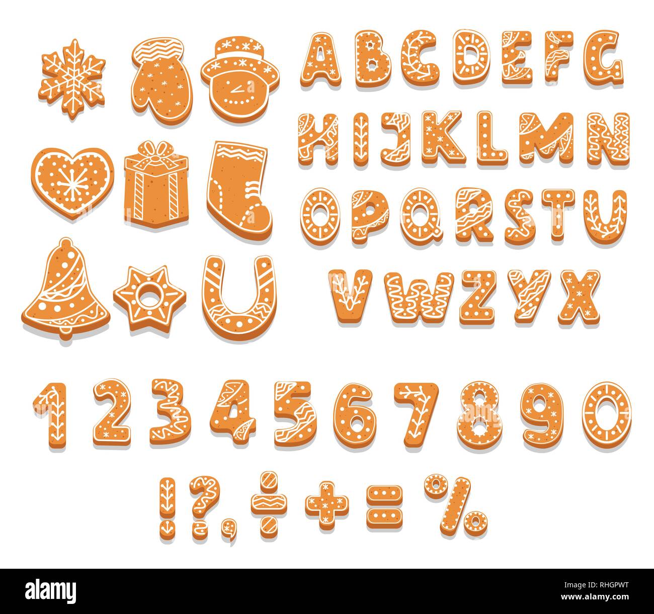 Set di gingerbread cookies alfabeto, numeri holiday trattare, paste dolci di diverse forme, i segni di punteggiatura, illustrazione vettoriale. Illustrazione Vettoriale