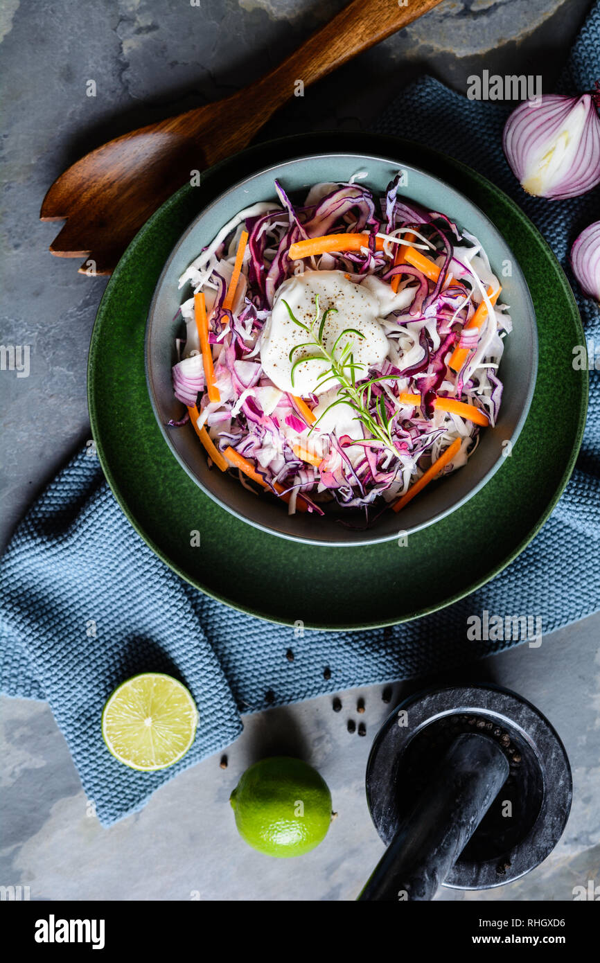 In casa Coleslaw insalata con il bianco e il rosso del cavolo rosso, cipolla, carota e panna acida Foto Stock