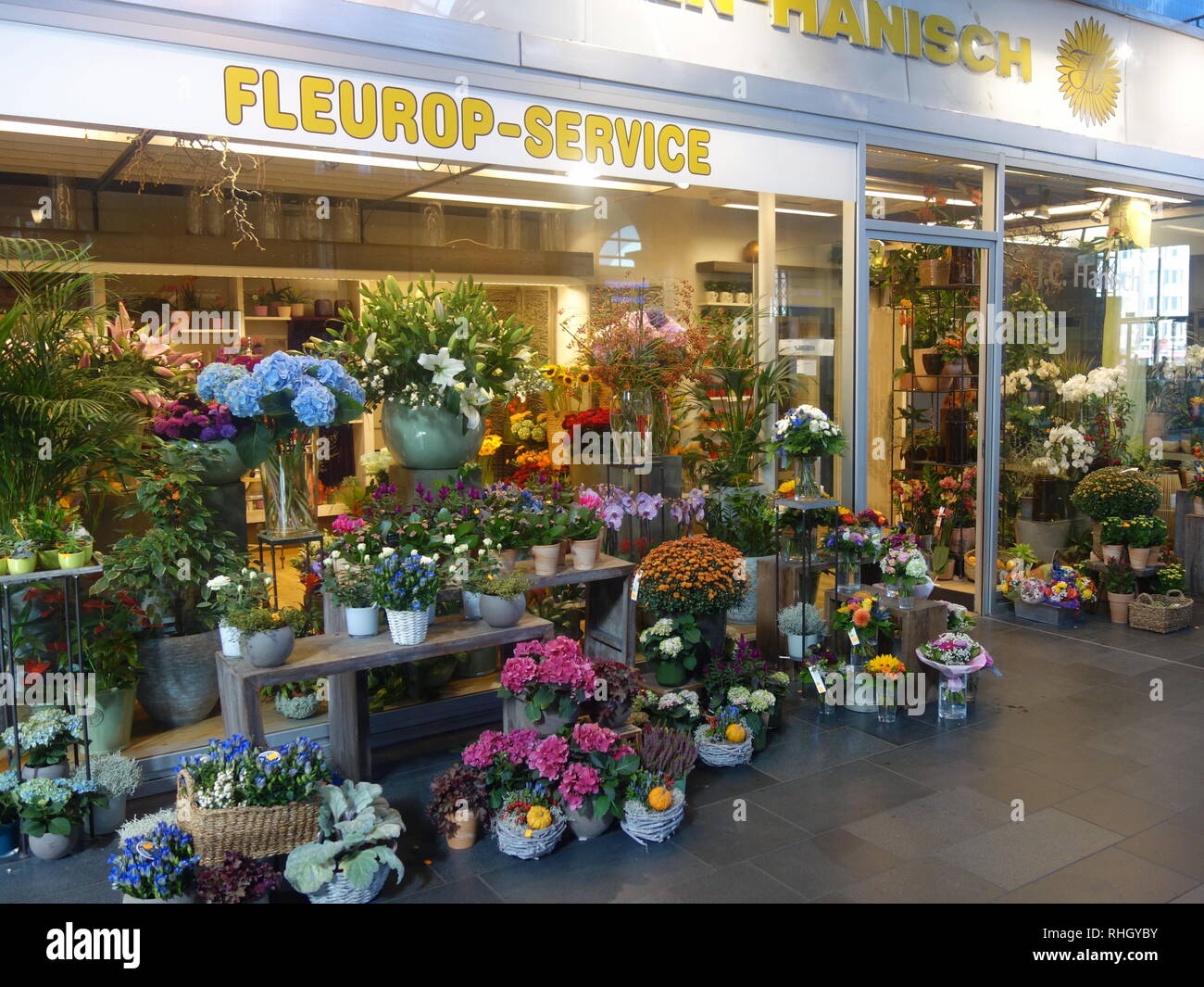 Un negozio di fiori all'interno di Francoforte e la stazione dei treni principale di Francoforte sul Meno, Germania. Foto Stock