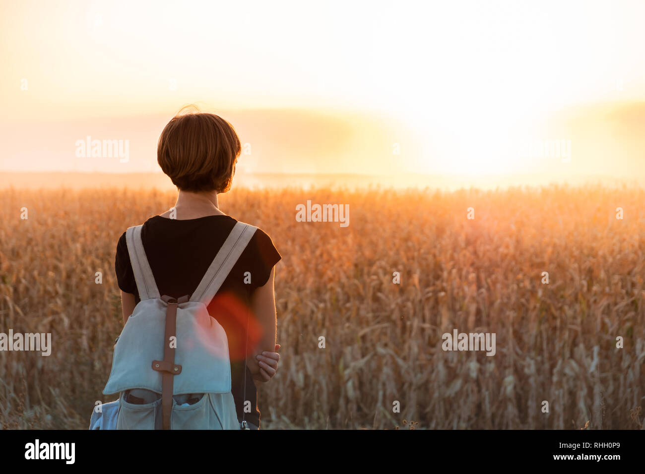 Retroilluminato con la figura di una donna godendo del tramonto luminoso. Persona di sesso femminile in piedi di sera la luce del sole in un campo Foto Stock