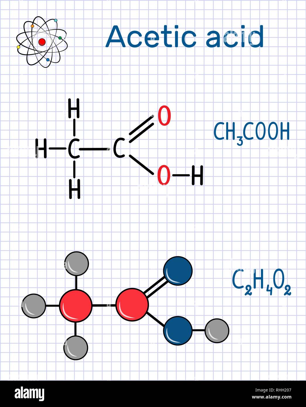 Acido acetico (etanoica molecola). Formula chimica di struttura e la  molecola modello. Foglio di carta in una gabbia.illustrazione vettoriale  Immagine e Vettoriale - Alamy