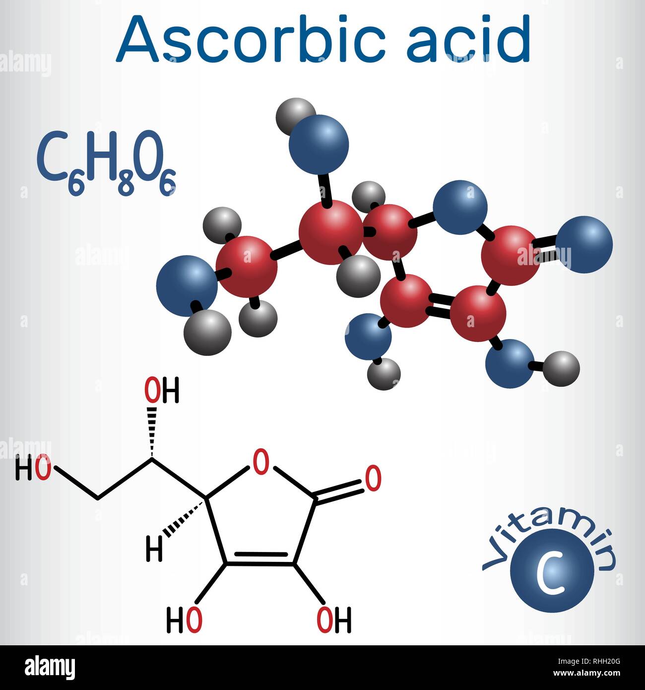 Acido ascorbico (vitamina C). Formula chimica di struttura e la molecola modello. Illustrazione Vettoriale Illustrazione Vettoriale