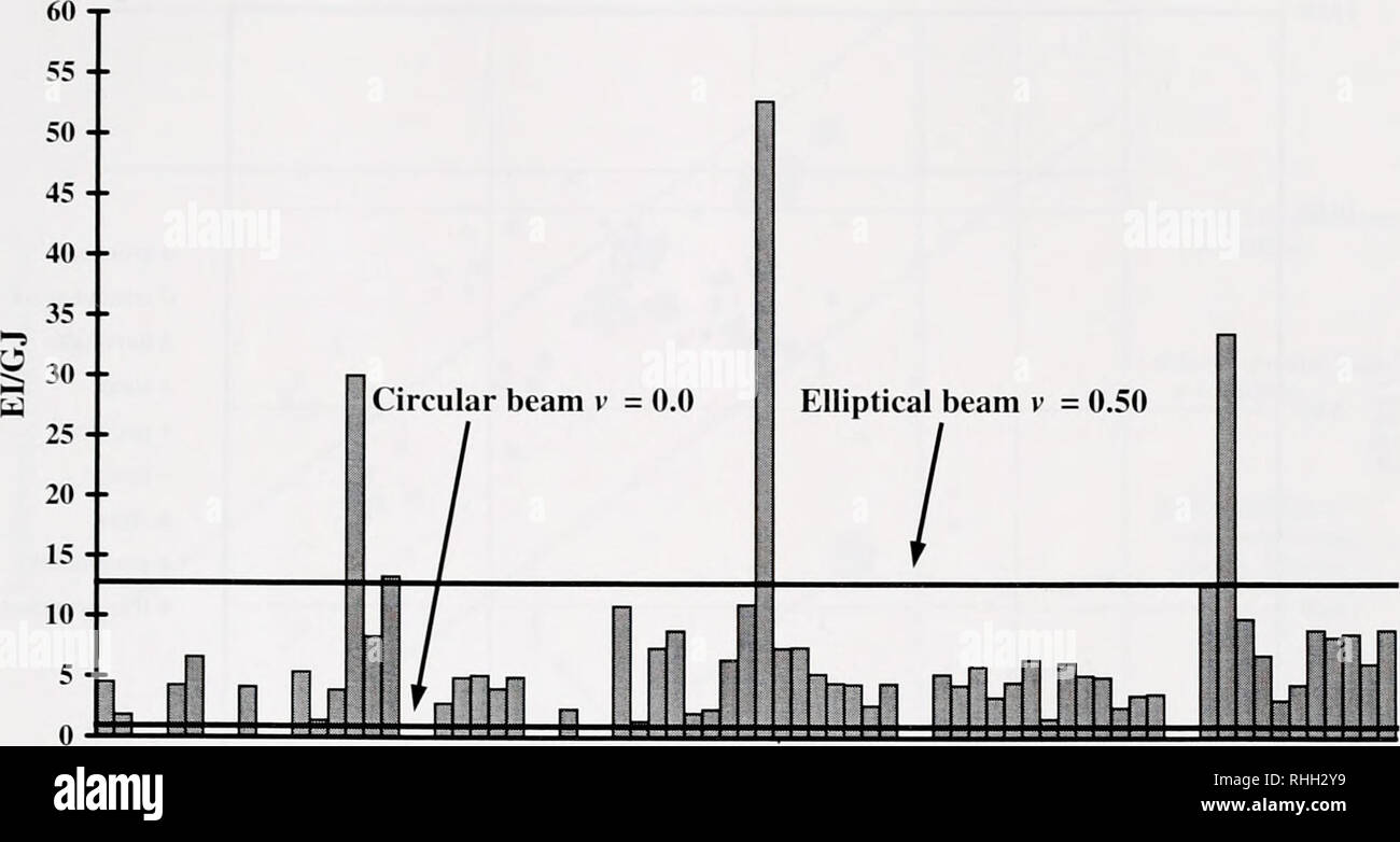 . Il bollettino biologico. Biologia; Zoologia; biologia; biologia marina. A flessione e torsione travi biologico 41 fascio circolare v = 0.0 Raggio ellittico v = 0,50. 4J 5/1 g 4* •s "o i 5? O I e &gt; o DC O la figura 2. Twist-per-rapporti di curvatura per i nove gruppi. Le righe orizzontali indicano i valori previsti per l'ideale di travi con sezione circolare (El/GJ = 1,00 V = 0) ed ellittica (EI/GJ = 12.75. v = 0,50) sezioni trasversali. Le travi sono disposte per dimensione all'interno di ciascun gruppo con il diametro più piccolo fascio a sinistra. Le deviazioni standard per il twist-a-rapporti di curvatura, quando disponibili, sono riportate nel Foto Stock