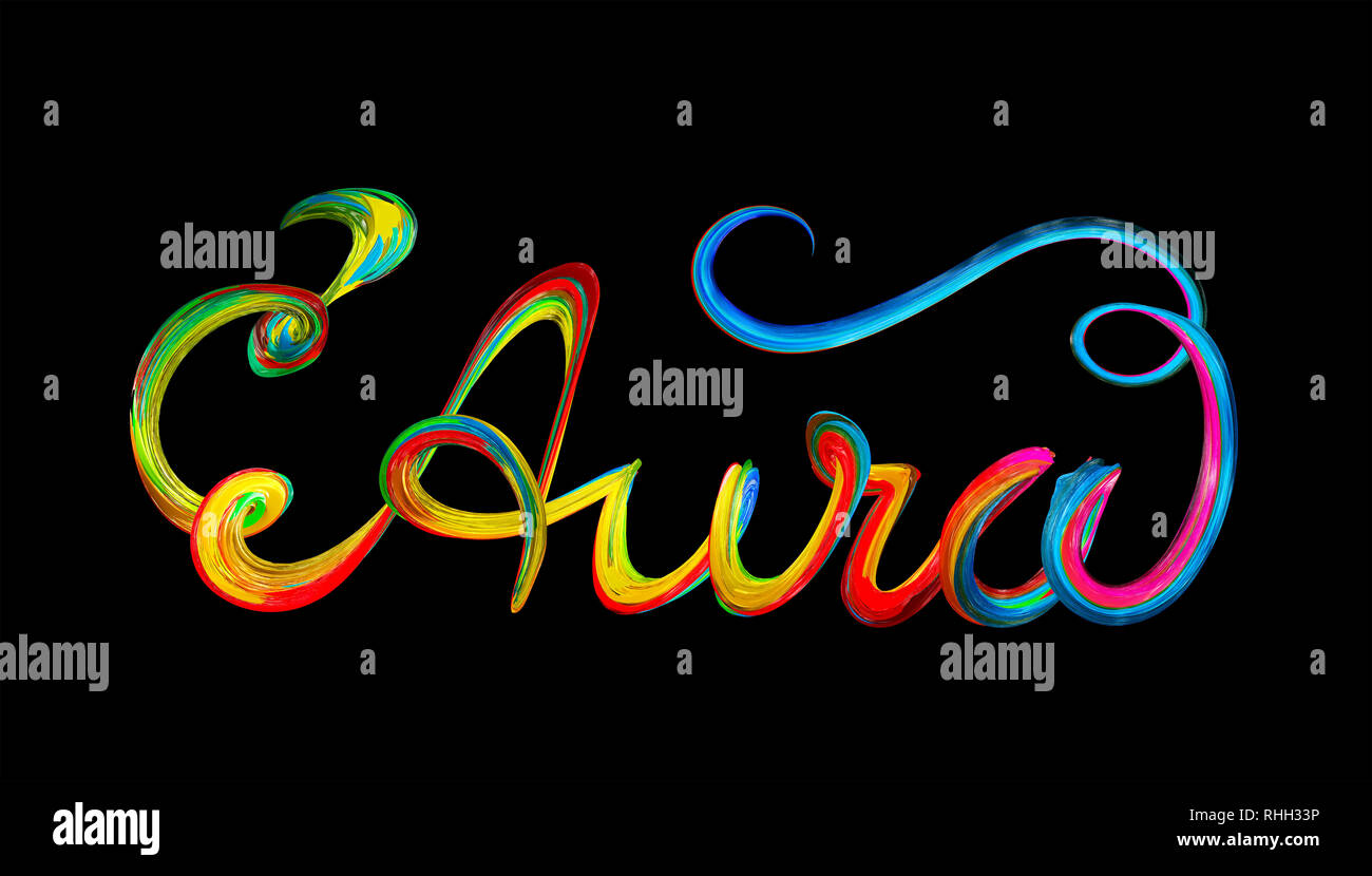 Aura testo colorato, lettering design su nero Foto Stock