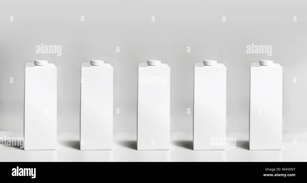 Confezione bianca tetra-pack, pacchetto cartone succo o latte pack , in piedi su sfondo grigio chiaro, vista frontale. Vuota la casella modello latte o succo di frutta. Packa Foto Stock