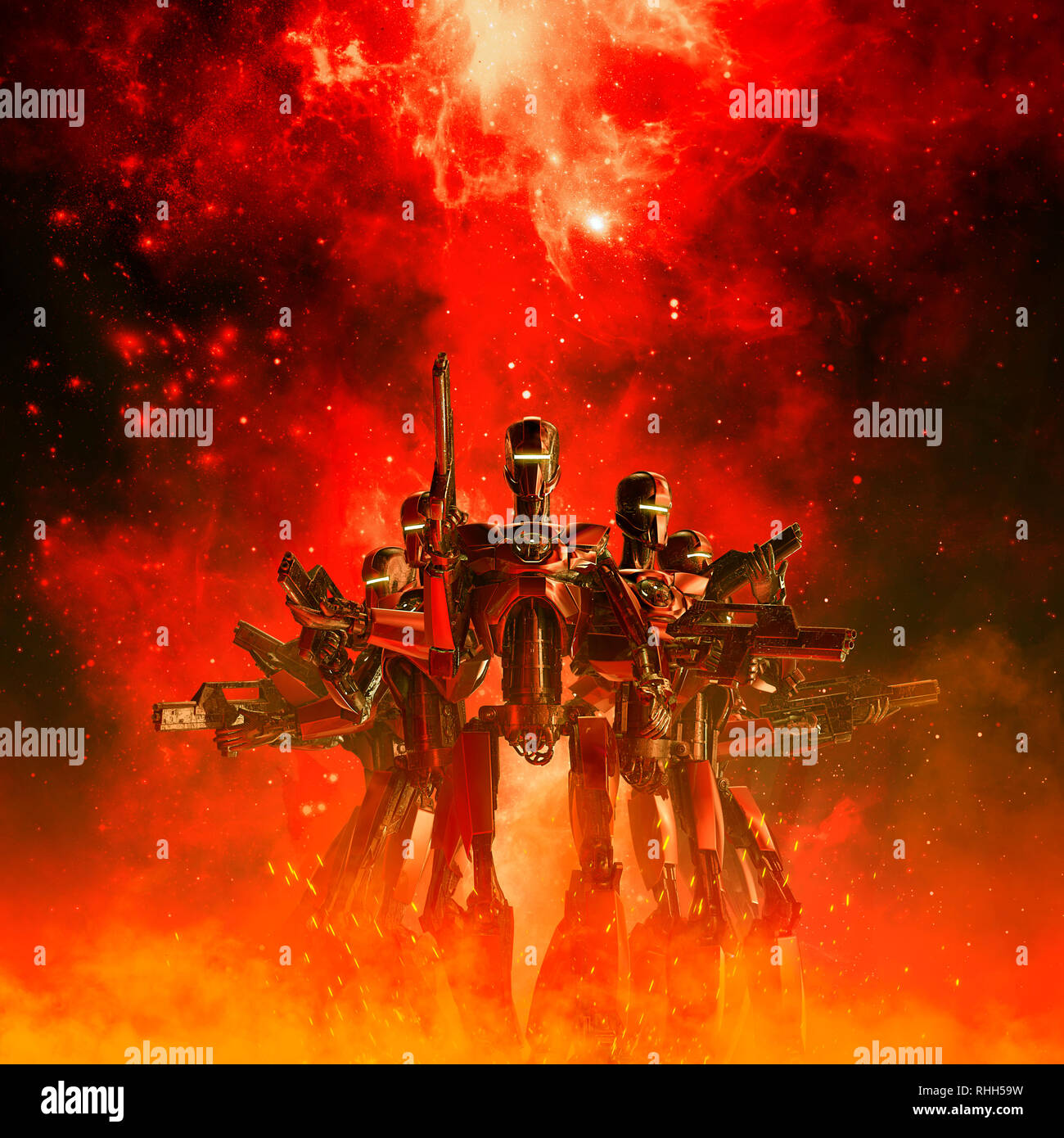Nella foga della battaglia / 3D illustrazione di fantascienza scena con robot militare troopers nell ardente incandescenza della guerra di spazio Foto Stock