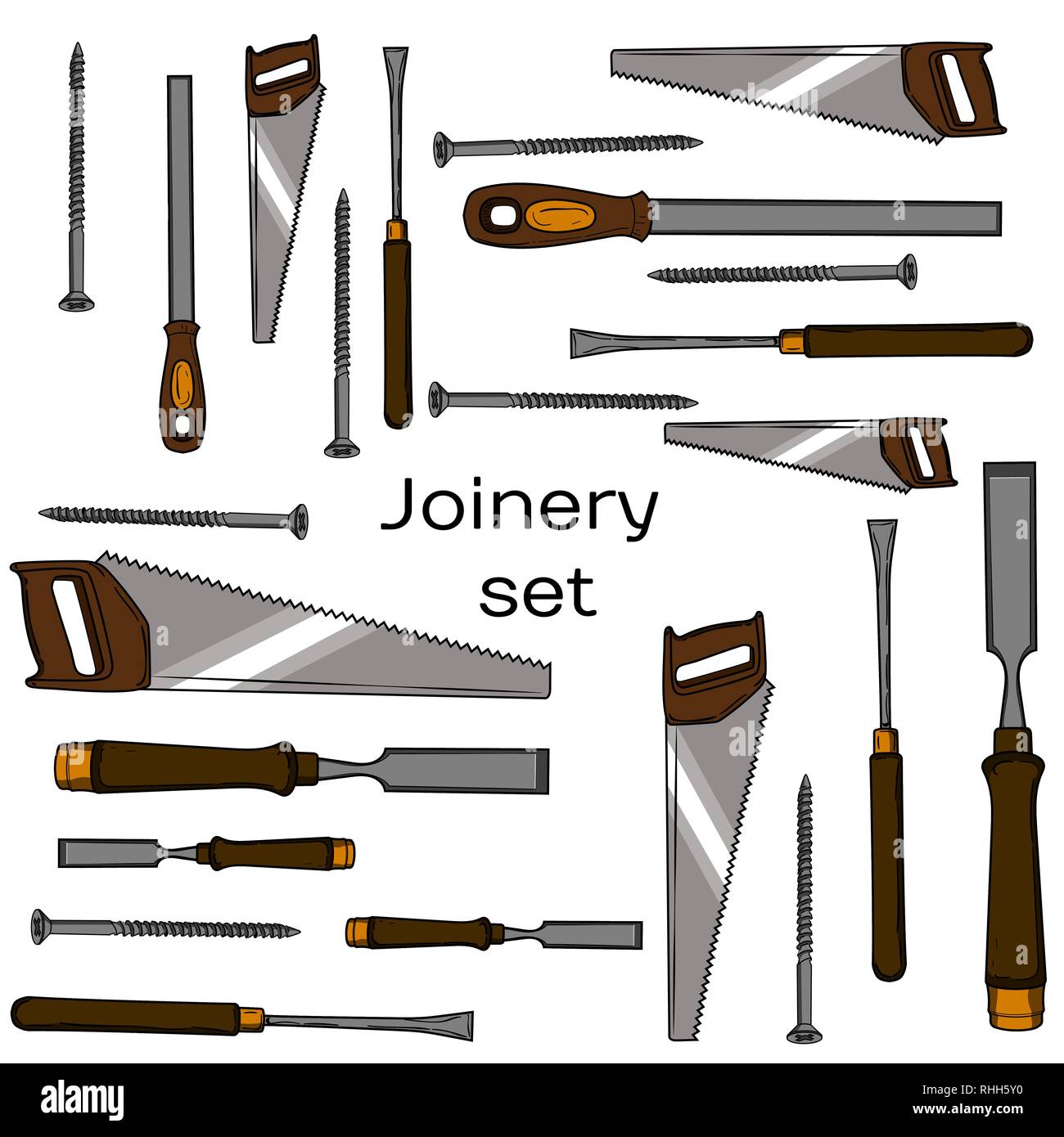 Raccolta di disegnati a mano, falegnameria falegname, falegnameria icone. Artigianato in legno cacciavite Tabella Hamme, falegname. Illustrazione Vettoriale