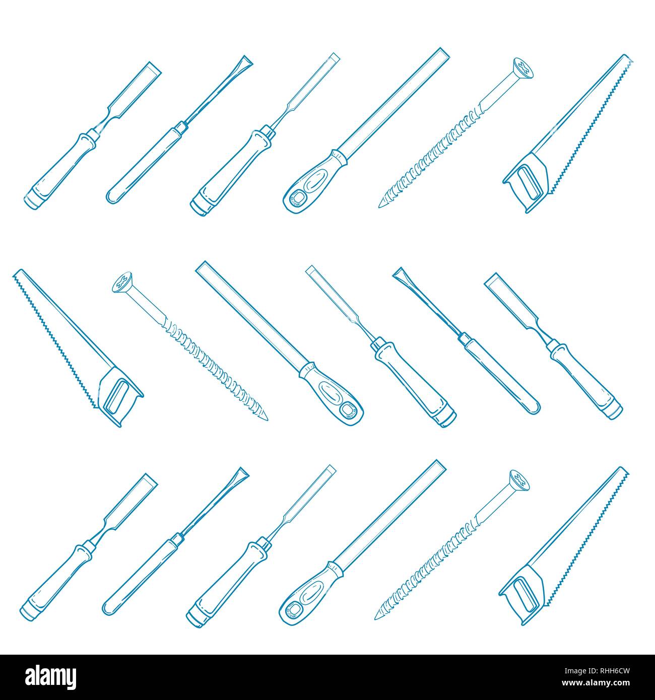 Gli strumenti per la lavorazione del legno di antica falegnameria - Artigianato in legno cacciavite Tabella Hamme, falegname. Illustrazione Vettoriale